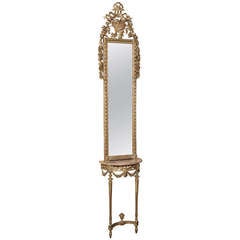 19th Century Hand-Carved Italian Louis XVI Gild Wood Mirror & Marble Top Console