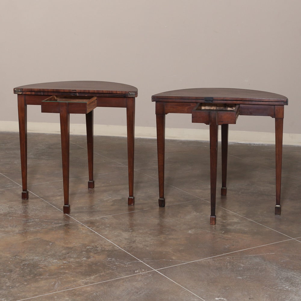 Pair of 19th Century Demilune Mahogany Consoles, Game Tables In Excellent Condition In Dallas, TX