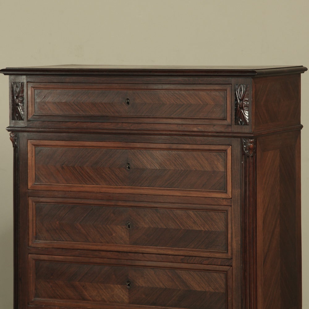 Hand-Crafted 19th Century French Louis VI Rosewood Semanier, Seven-Drawer Commode/Chest