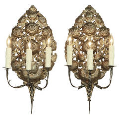 Pair of 19th Century French Embossed Brass Renaissance Sconces