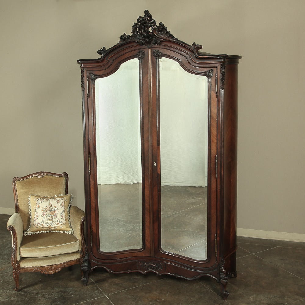 Antique French Louis XV rosewood armoires are getting more scarce with each passing year, since rosewood was harvested in the rain forests for a comparatively limited time and furnishings from that period, in the minds of many experts, represent the