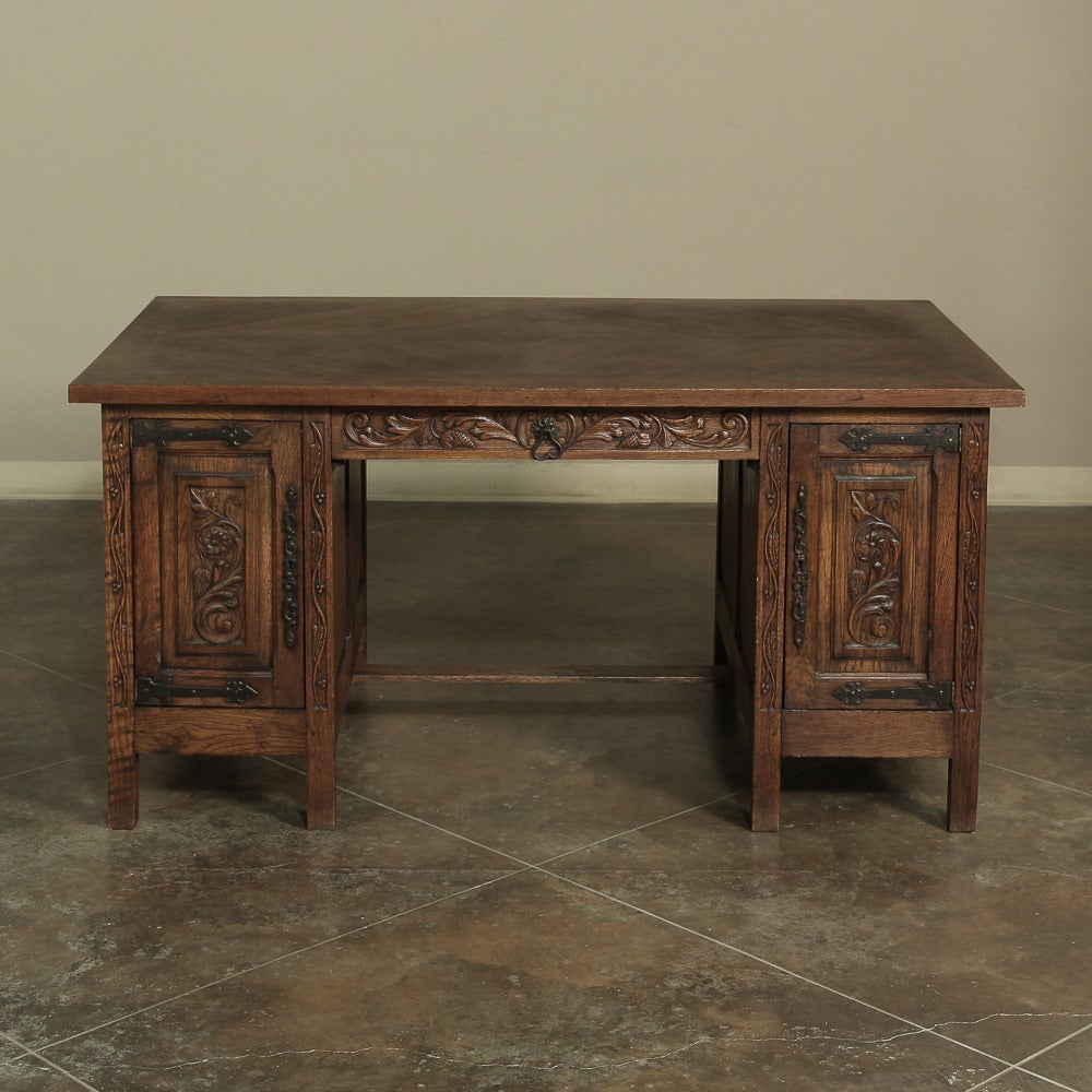 Mid-20th Century Vintage French Solid Oak Partners Gothic Desk ~ Saturday Sale