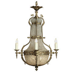 Neoclassical Sack of Pearls Bronze and Crystal Chandelier