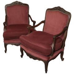 Pair of Antique French Louis XV Walnut Armchairs