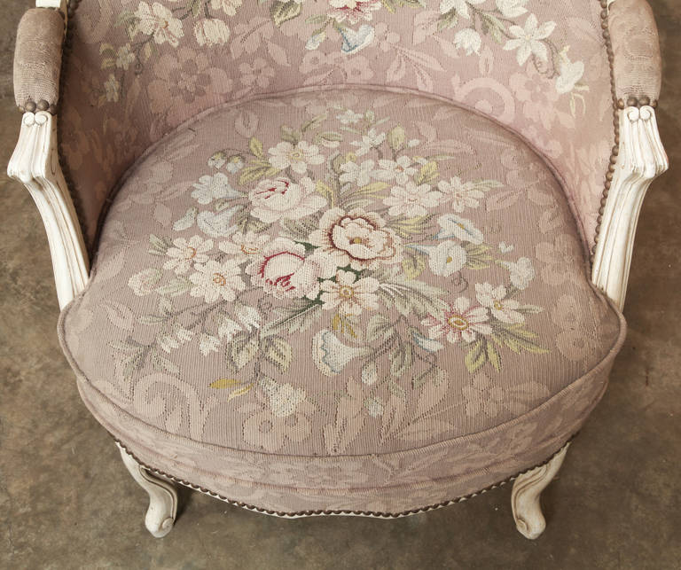 20th Century Antique Louis XV French Painted Needlepoint and Petit Point Tapestry Bergère