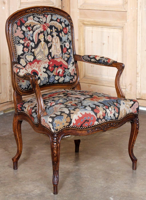Pair Antique Louis XV Tapestry Fauteuils