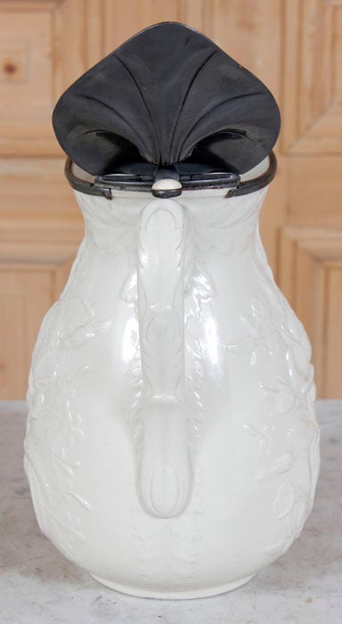 French Antique White Ceramic Pitcher with Pewter Lid
