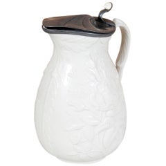 Antique White Ceramic Pitcher with Pewter Lid