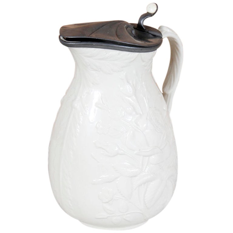 Antique White Ceramic Pitcher with Pewter Lid