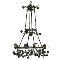 French Art Deco Forged Wrought Iron "Rose" Chandelier 8