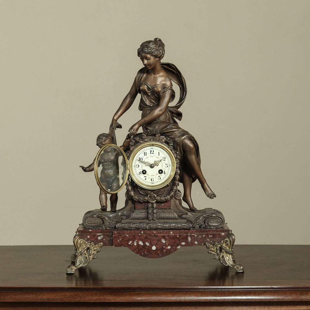 Neoclassical Antique French Spelter Mantel Clock by Moreau
