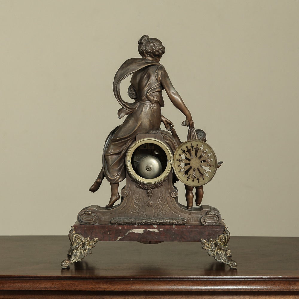 Marble Antique French Spelter Mantel Clock by Moreau