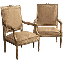 Antique Pair of 19th Century French Louis XVI Gilded Armchairs