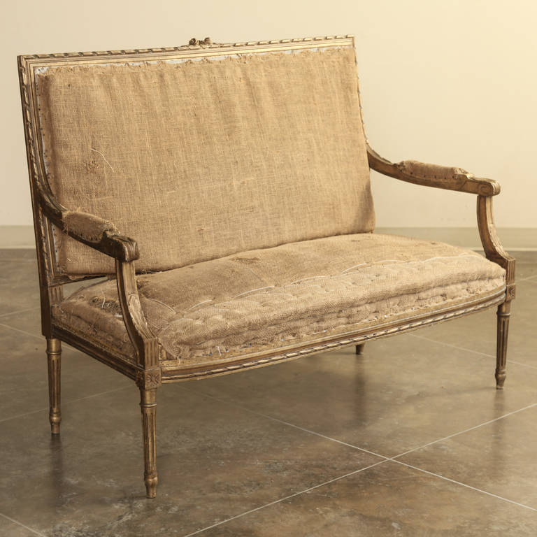 19th Century French Louis XVI Gilded Settee In Excellent Condition In Dallas, TX
