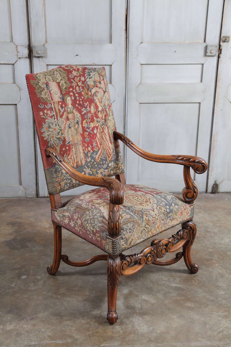 Pair of Antique Louis XIV Tapestry Armchairs at 1stDibs