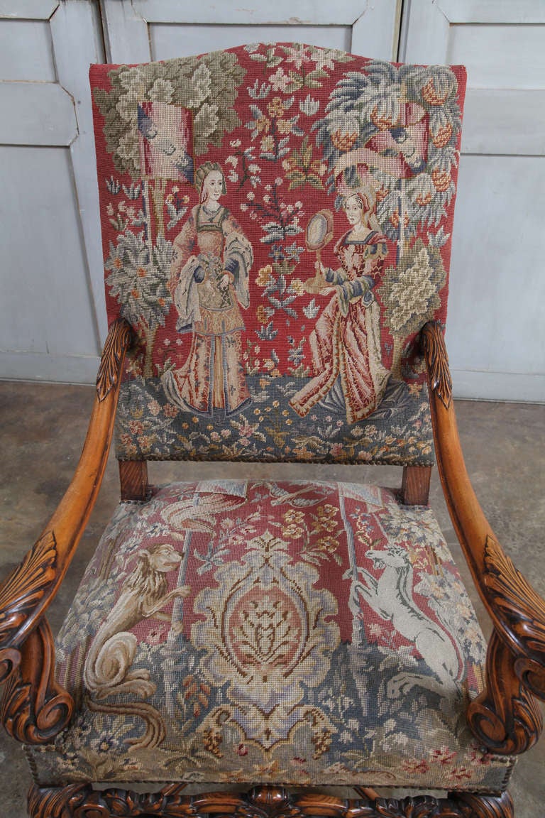 Pair of Antique Louis XIV Tapestry Armchairs at 1stDibs