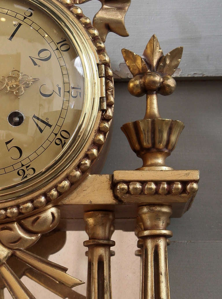 Gilt Antique Swedish Hand Carved Gilded Wall Clock
