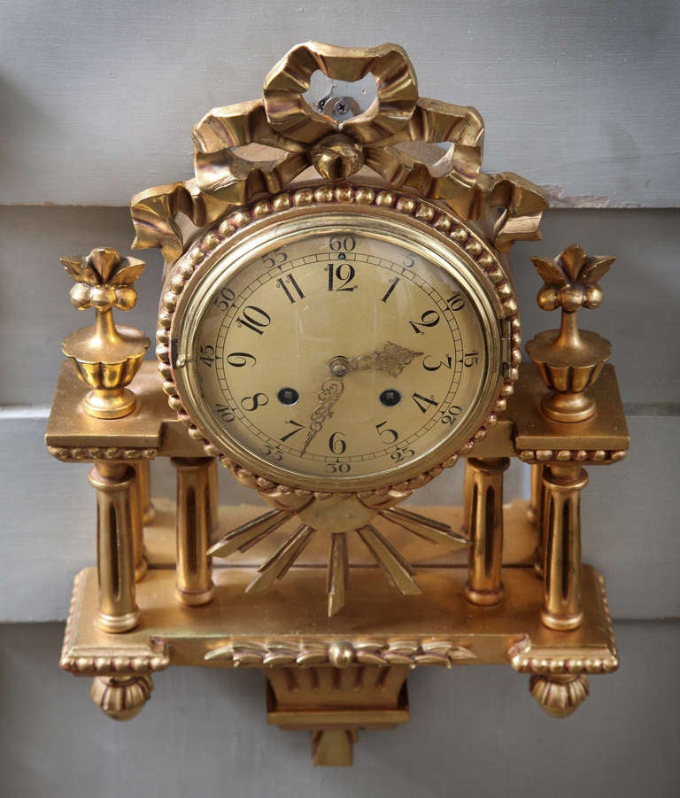 20th Century Antique Swedish Hand Carved Gilded Wall Clock