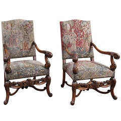 Pair of Antique Louis XIV Tapestry Armchairs
