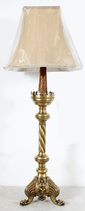 French Antique Gothic Bronze Candlestick Table Lamp