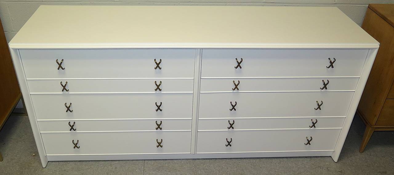 Modern 1940 Paul Frankl 10 Drawer Chest with Brass X-Handles