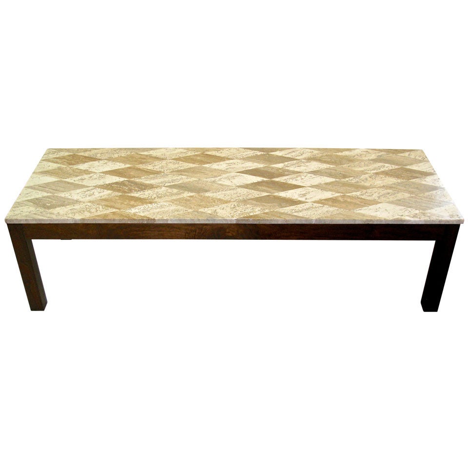   1950 Diamond-Pattern Travertine Top Coffee Table For Sale