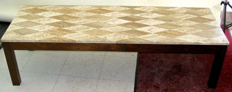 Restored walnut. Marble is in great condition. Factory filled travertine.