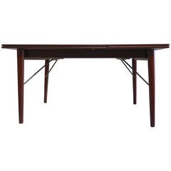 1950 Danish Teak and Brass Trestle Table with Two Leaves by Mogensen