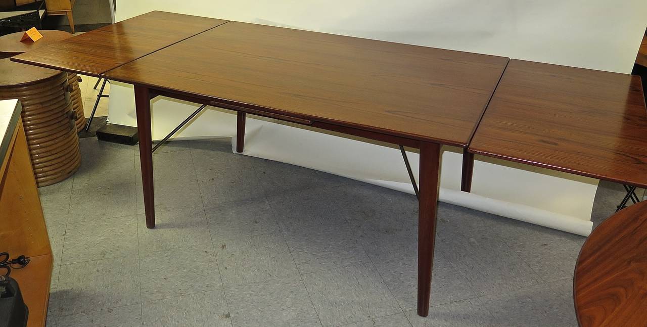 Mid-20th Century 1950 Danish Teak and Brass Trestle Table with Two Leaves by Mogensen