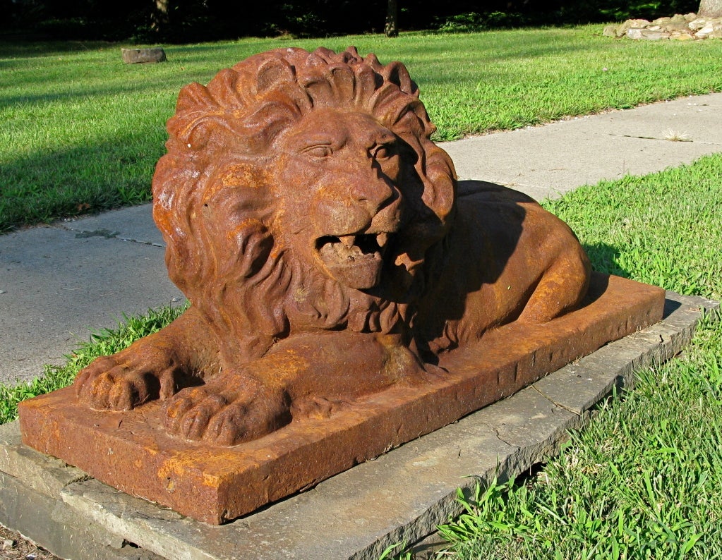 Unknown Amazing Large Pair of Cast Iron Lions- Excellent Patina