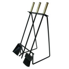 Very Mod Set of Iron and Brass Fireplace Tools with Stand