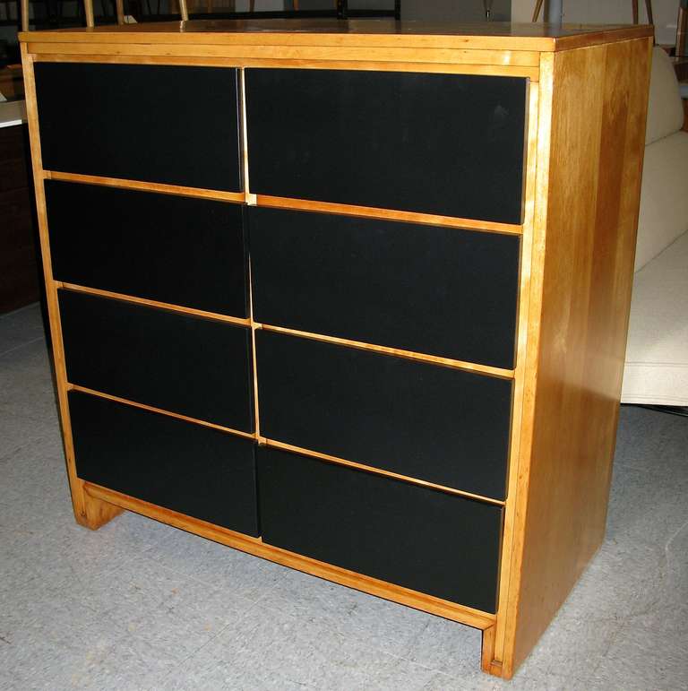 Designed for Conant & Ball. Drawers in black lacquer. Case is natural finish birch wood. Has typical staining near base. Overall excellent condition.