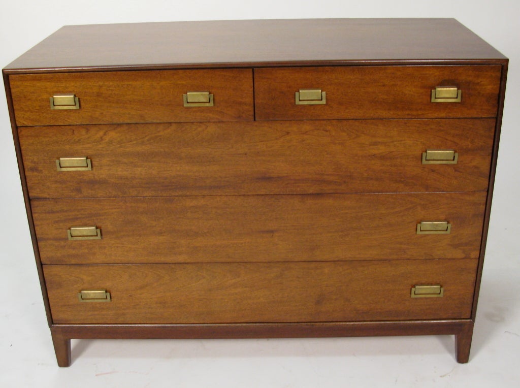 Great campaign style walnut chest with 5 drawers.Great vintage brass pulls.