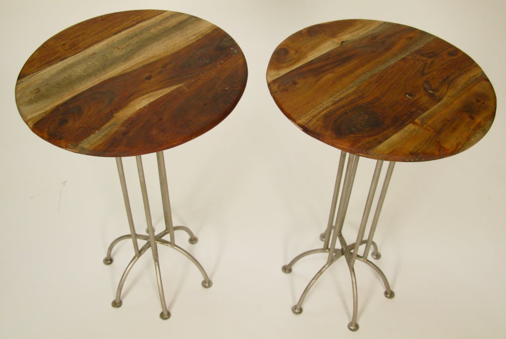 1950 Pair Exotic Wood Top Stands with Iron Leg Base