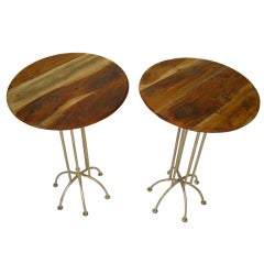 1950 Pair Exotic Wood Top Stands with Iron Leg Base