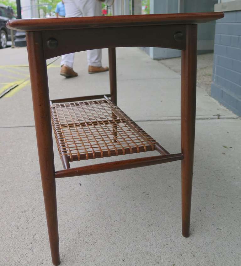 1950 Dux Teak Stand with Rattan Shelf In Excellent Condition In Hudson, NY