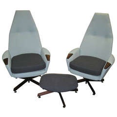 Adrian Pearsall Pair of High-Back Swivel Chairs with Ottoman