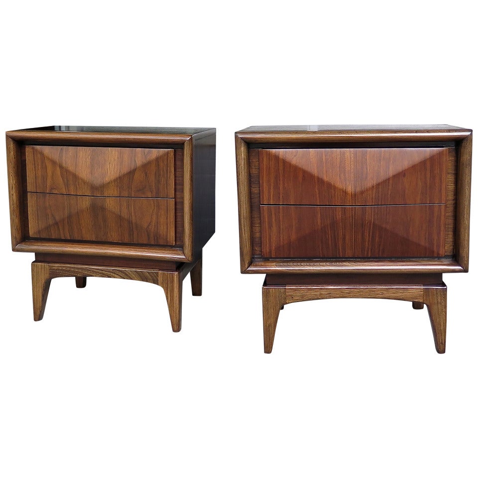 Handsome Pair of 1950 Diamond Front Two Drawer Stands