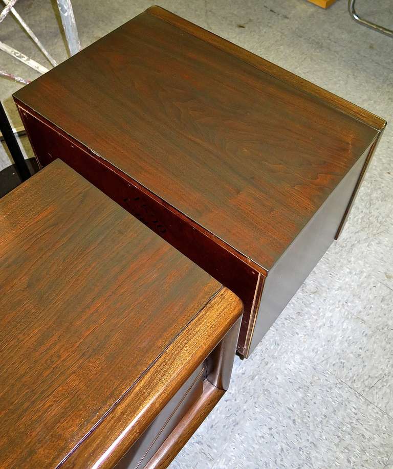 Walnut Handsome Pair of 1950 Diamond Front Two Drawer Stands