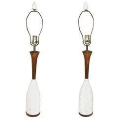 1960 Pair Marble and Walnut Table Lamps