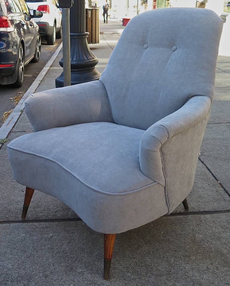 Simply perfect for smaller spaces. New foam and upholstery. Stone grey color velvet fabric. Original wood feet with brass caps.