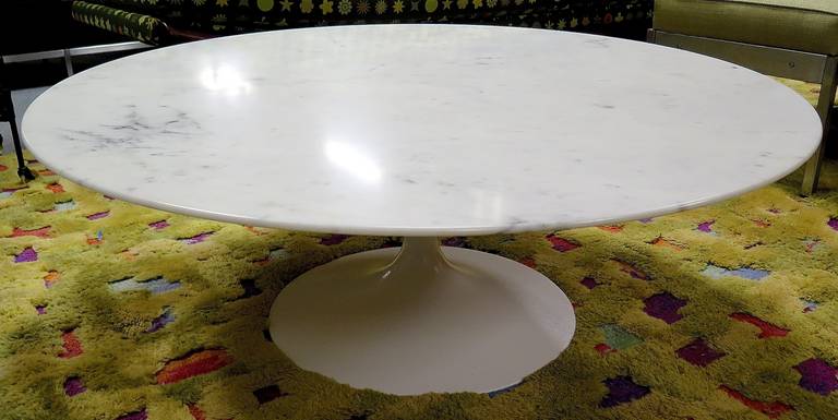 Early label Knoll. Freshly painted base. Not a powder-coat, slightly rougher finish. Marble top is in great condition- no cracks or chips.