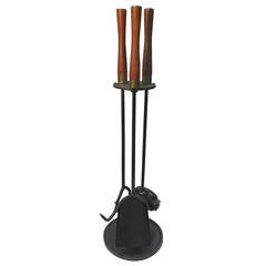 Retro 1960 Wood Handle Fireplace Tools with Round Base