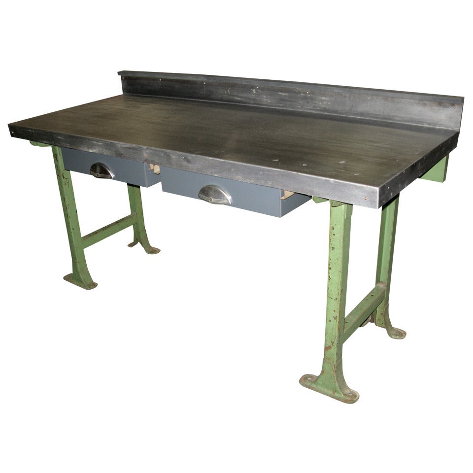 1940 Vintage Industrial Steel Top Work Table For Sale