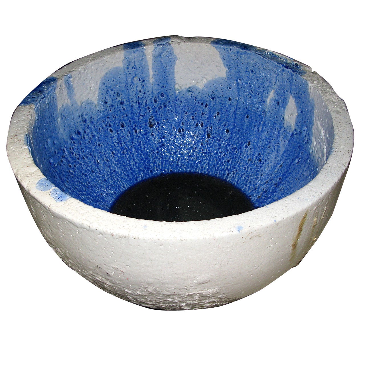 Large 1960 Glass Furnace Crucible with Blue Glass Residue