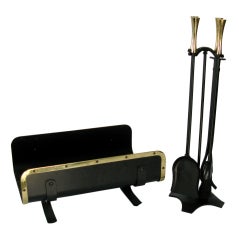 1960 Brass and Iron Fireplace Tools and Log Holder