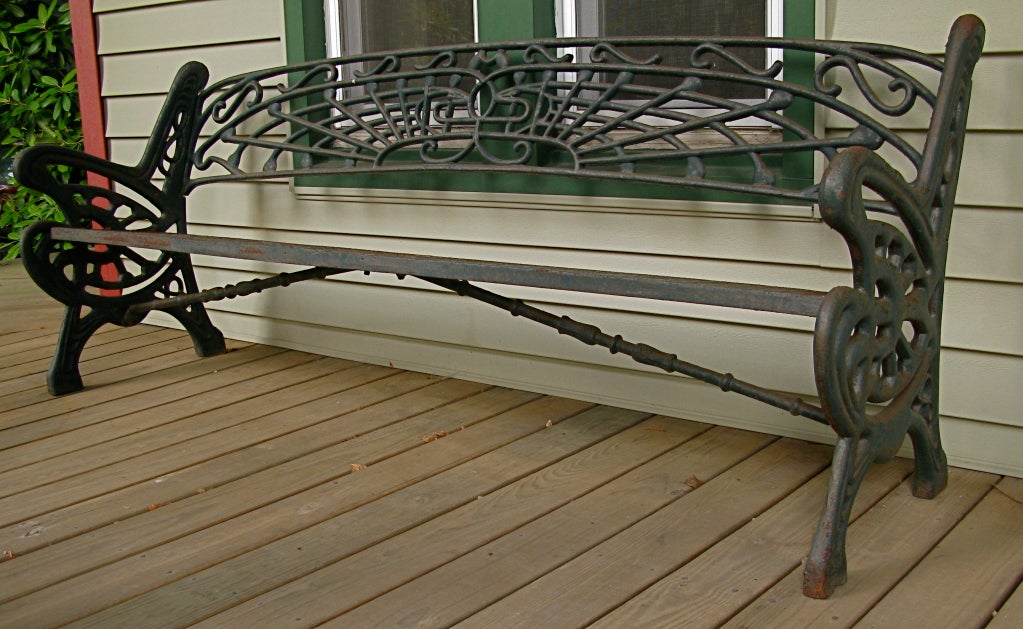 Very heavy cast iron bench.Purchased in the late 80's There are 2 available, price is for a single bench. One bench is darker than the other.The design is mix of musical notes and deco design.