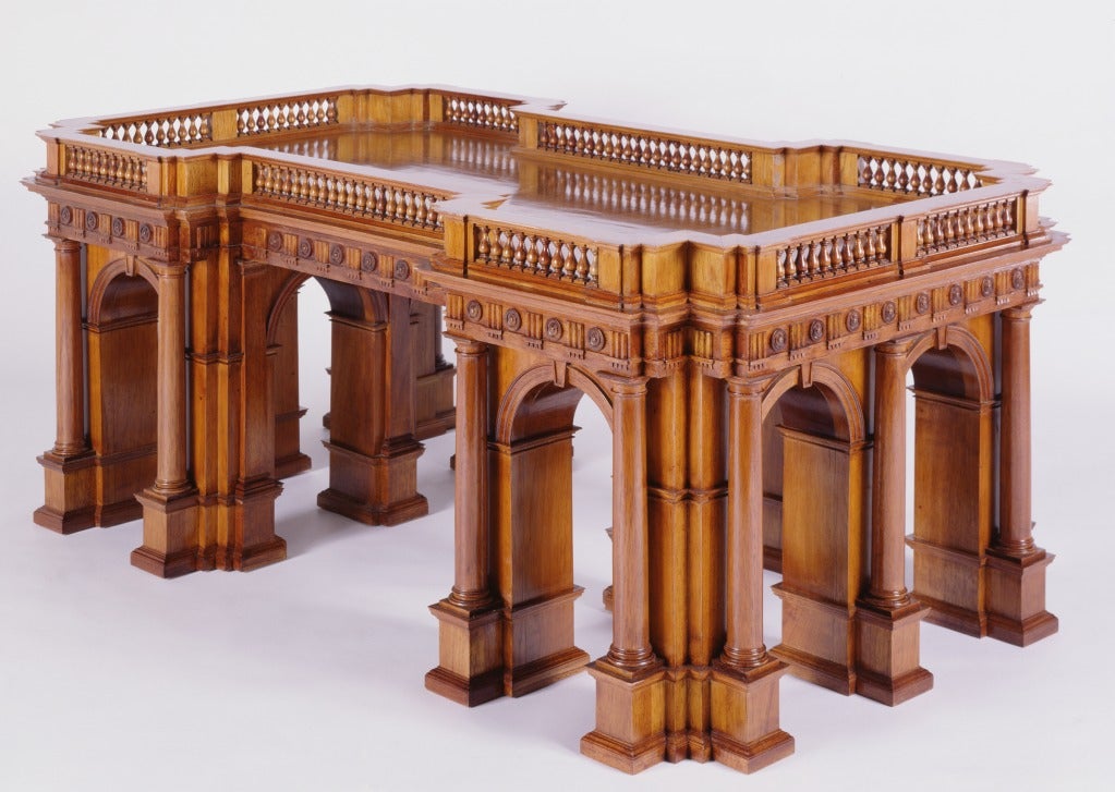 Architectural coffee table with the Doric columns.
Fine mahogany wood, crotch mahogany top with balustrade gallery.
Hand turned and hand carved. Light mahogany finish with French polish.