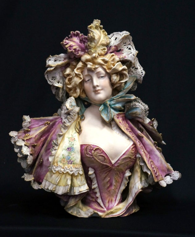 This art nouveau porcelain bust was produced by Riessner, Stellmacher & Kessel Amphora. The pottery factory was located in Trnovany, Czech Republic (turn-Teplitz, Bohemia Austria. They produced very fine earthenware/porcelain art pottery beginning