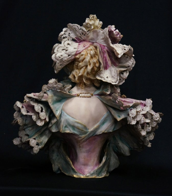 Porcelain RSK Art Nouveau Amphora Bust of Beautiful Maiden in Fancy Cape For Sale